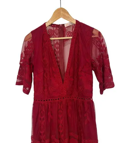 Women’s Whimsy Goth Long Sheer Embroidered Midi Romper Dress Wine Burgundy Small Red