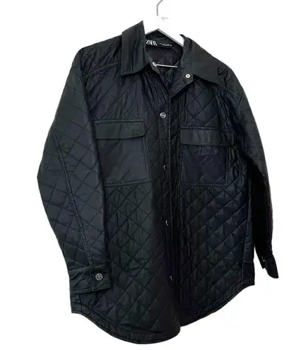 ZARA  Black Quilted Faux Leather Over Shirt Jacket Size Small