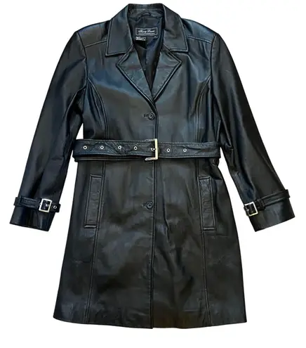 VTG 90s Terry Lewis Classic Luxuries Black Leather Belted Trench Coat Womens M Size M