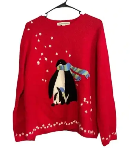 Ugly Christmas Sweater Vintage David Brooks Red Holiday Snowflake Penguin