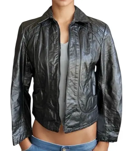 Vintage Black Leather Motorcycle Jacket motto jacket biker classic winter Size M