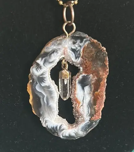 Sliced Orca Agate Geode Gemstone Pendant Necklace on 18” Ball Chain Brown