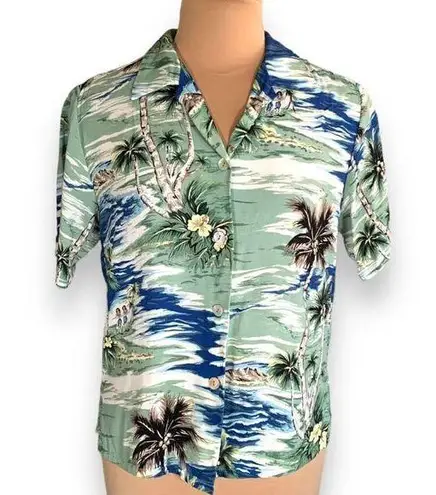 Vintage Kauaiana Top Green Blue Tropical Palm Print Flower Detail Short Sleeve