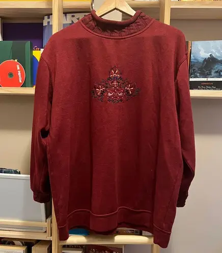 Burgundy Sweater with Knitted Neck and Cuffs and Embroidery Size 1X