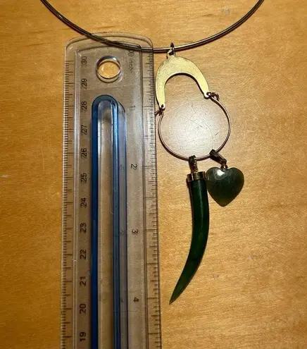 Vintage Gold Tone Choker Green Jade Horn & Heart Pendant Necklace