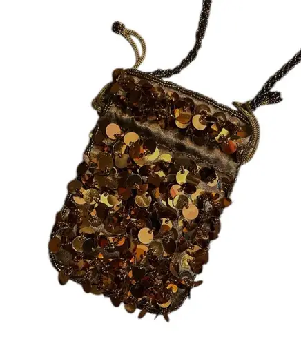 Vintage 80’s Sequin & Beaded Embellished Mini Drawstring Bag Copper & Brown