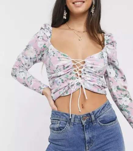 ASOS DESIGN Long Sleeve Crop Top Lace Up Front in Pink Floral Print, Size 8