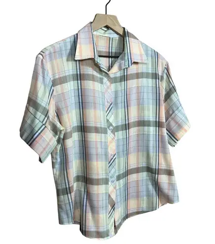 Vintage 70s 80s Pastel Short Sleeve Plaid Button Up