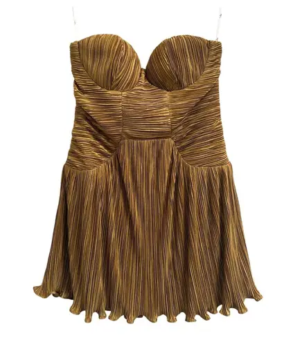 Lulus Deeply Glamorous Gold Plisse Strapless Drop Waist Mini Dress Size Large