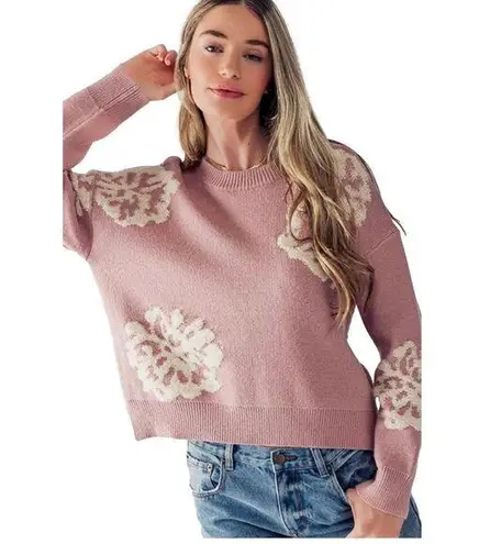 Dreamers by Debut Embroiled Floral Knit Crop Pink Sweater Size M