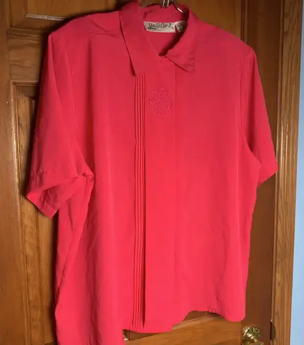 Yves St. Clair Pink button front, embroidery print, short sleeve blouse, 20W