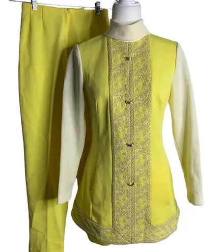 Vintage 60s 2 Piece Stretch Knit Pant Set S Yellow High Neck Pockets Zipper Size undefined