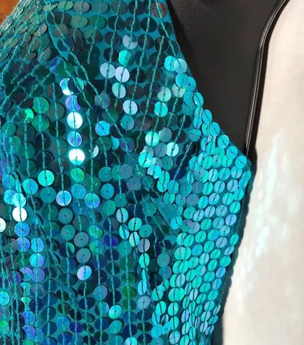 Vintage 90s Teal Sequin Mini Dress Concert Party Cocktail Sleeveless Mermaid