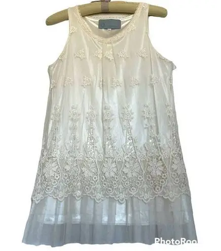 O2 Collection Ivory Satin Lined Embroidered & Lace Mesh Tunic Top with Tulle S