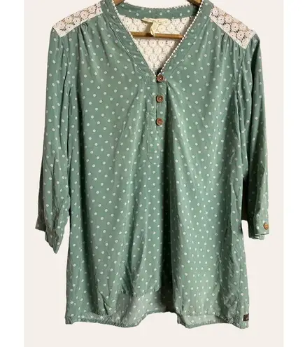 Matilda Jane Green Lace Polka Dot Print V-Neck 3/4 Sleeve Button Up Top Size L