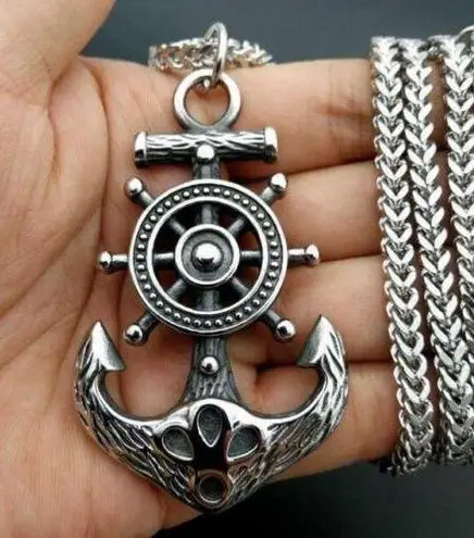 Mens Sea Anchor Necklace Stainless Steel Nautical Viking Punk Biker Pendant