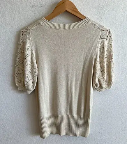 American Vintage VINTAGE Y2K 2000s Crochet Beige Short Sleeve Sweater Blouse Top Womens Small