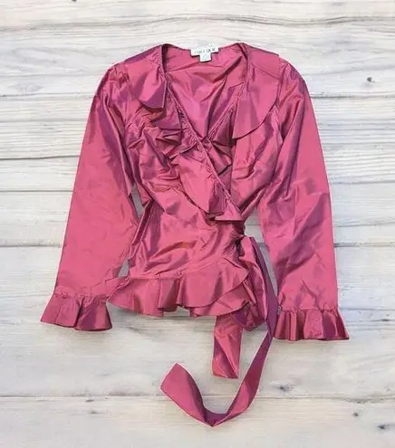 Chetta B  Silk Taffeta Wrap Blouse Size 14 Iridescent Pink Orange Hue Ruffle Top