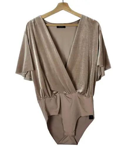 ZARA  Champagne Beige Velvet Wrap Bust Short Sleeve Bodysuit M