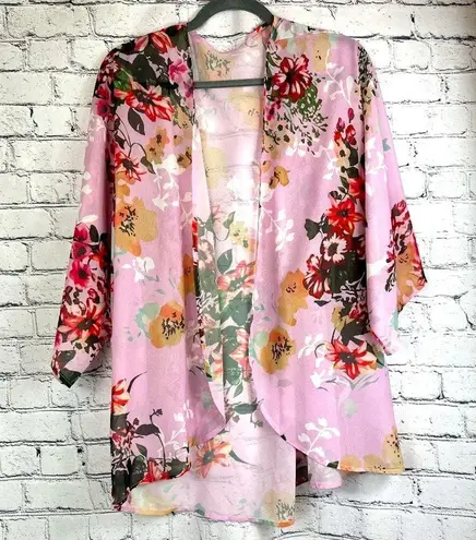 Women's Batwing Floral Chiffon Kimono Beachwear Cover Up Pink L Size L