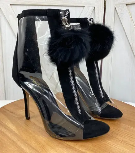 Bai Beiai Clear Peep Toe Heeled Ankle Boots PomPom Zipper Front Black 6 Black