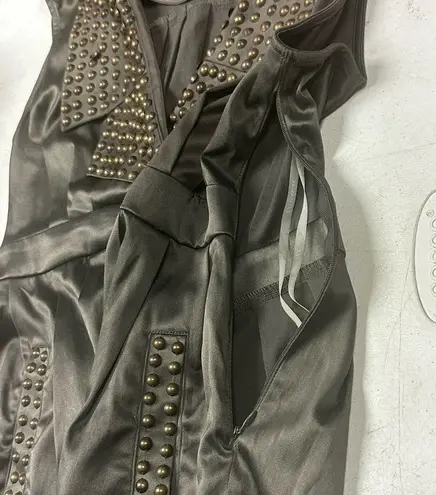 Xxi Olive Studded Short Length Dress Sz L Sleeveless Side Pockets V Neck