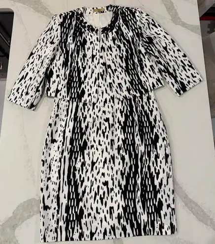 Kasper A Line Dress w/ Jacket White/Black Abstract Women's 14 Embellished Neck Black