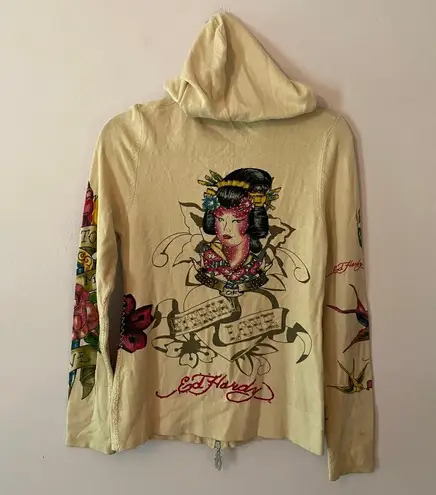 Ed Hardy Women's Large Cream Zip-Up Sweater Floral Rhinestone Christian Audigier