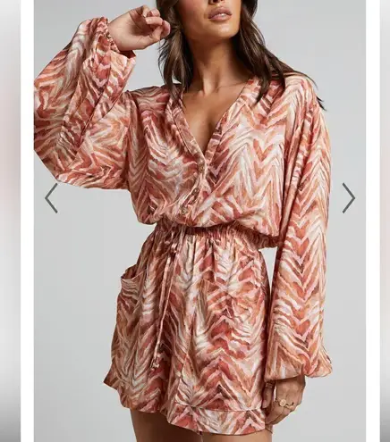 Amalie The Label Lotte Linen Blend Long Sleeve Playsuit Tonal Zebra SZ 4 Orange