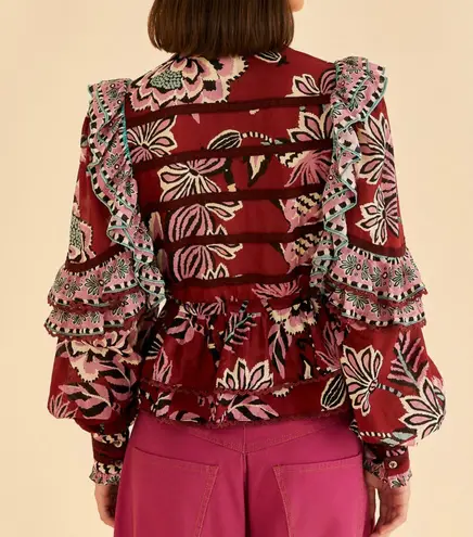 Farm Rio Mock Neck Button Front Ruffled Blouse, Size XXS