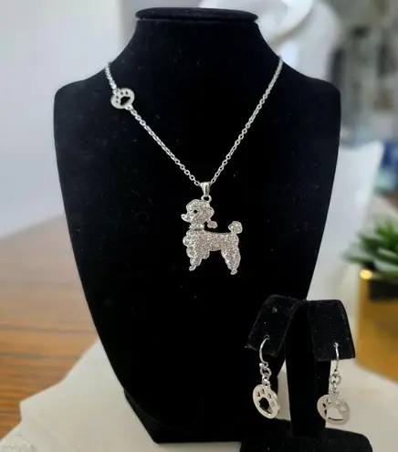 Boutique Silver Chain Necklace Poodle Dog Rhinestone Pendant Paw Print Earrings Set