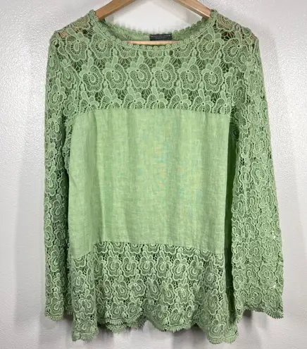 Piazza Del Tempo Lace Top Linen Blend Long Sleeve Crochet Detail Green Blouse XL