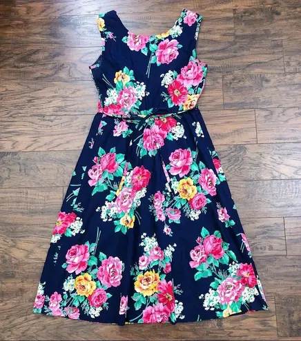 vintage • 90s Walden floral midi dress navy blue cotton jumper pink flower print Size M