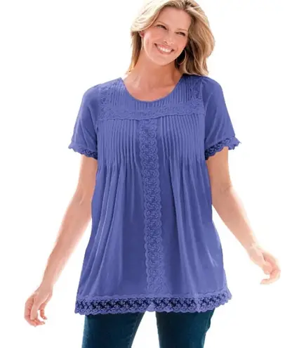 Woman Within Size 14/16 Tulip Purple Lace-Trim Pintucked Short Sleeve Tunic Top