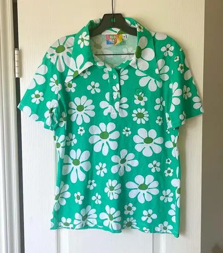 Big Bud Press Lazy Daisy Green Unisex Polo Shirt Retro Buttoned Tee S EUC