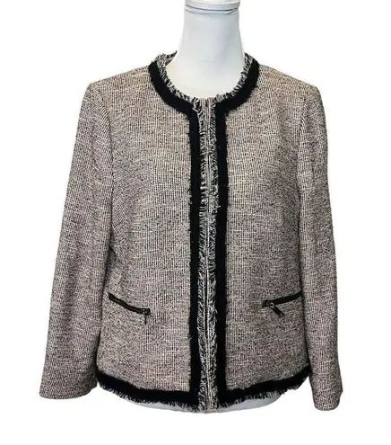 LK Bennett Gee Tweed Blazer Women’s Size 12 Pink Fringe Trim Zip Pocket Jacket Black