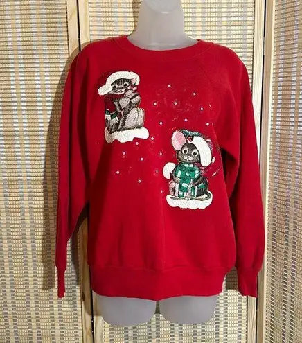 Adorable Vintage 1990s Y2K Cat and Mouse Christmas Sweatshirt Pannill Medium Red