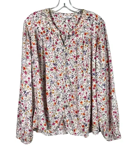 Time And Tru White Ditsy Floral Long Sleeve Peasant Button Down Top XL 16 18