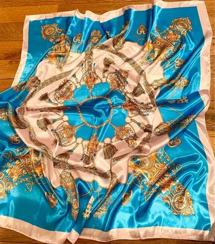 Tassel Rope Pattern silk Scarf baby pink /turquoise SQUARE SILKY SCARF 35/35 Blue