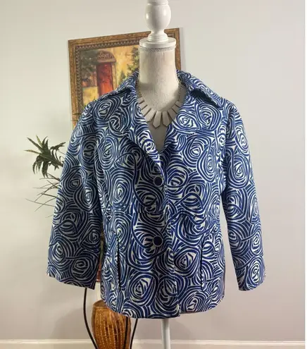 Rafaella Blazer Jacket Womens M Blue White Swirl Pattern 3/4 Sleeve Button Front