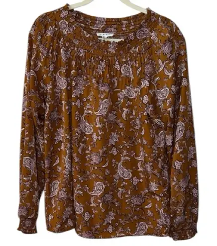 THML Paisley Floral Brown Smocked Long Sleeve Blouse Top Size M