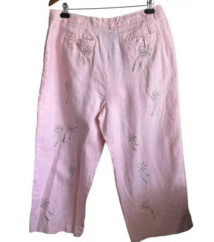 Saint Tropez West  Women Linen Crop Pants Palm Tree Print Size 16 Pink Beachy