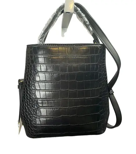 AOTA Elena Bucket Bag Black Vegan Leather Crocodile Embossed Crossbody Strap