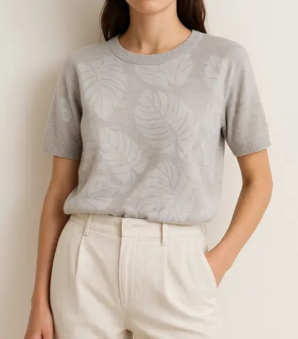 White + Warren Linen Blend Leaf Print Short Sleeve Sweater Size XS