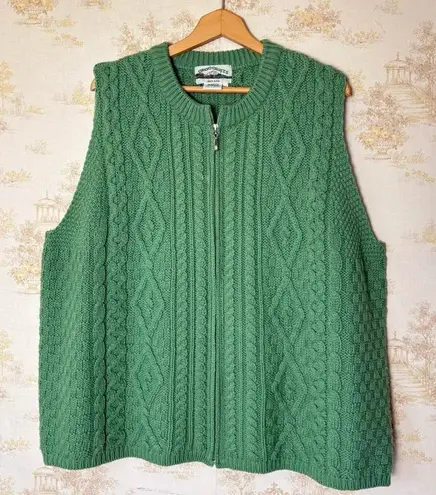 Vintage Aran Crafts Ireland green merino wool cable knit full zip sweater vest Size XXL