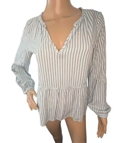 Tart Peplum Blue And White Striped V-Neck Long Sleeve Top