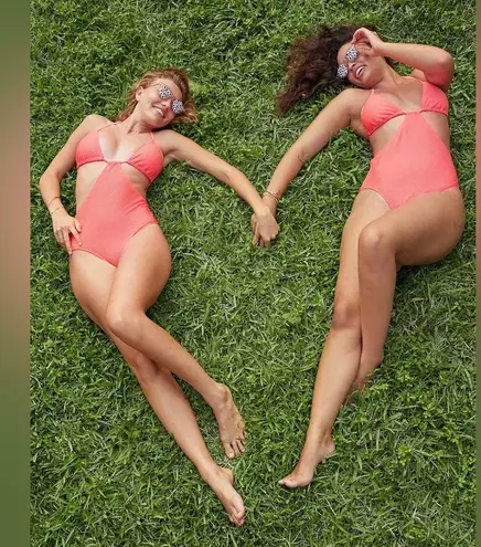 Aerie Jacquard Cut Out String One Piece Swimsuit NWT Coral Sun