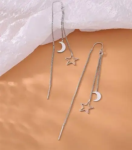 Silver Moon Star Threader Long Tassel Earring Chain, Drop Dangle Woman Earrings