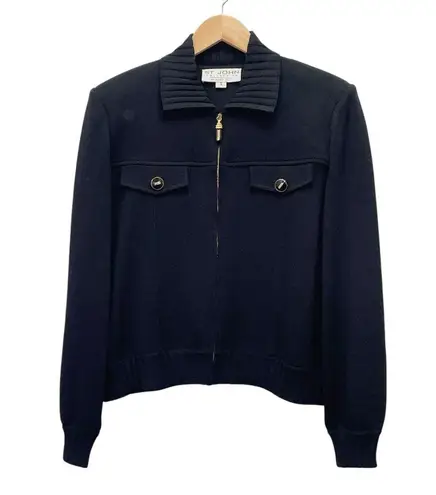 St. John Collection Black Santana Knit Zip Jacket Gold Buttons Size Small USA