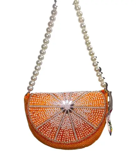Orange Beaded Half Moon Citrus Crescent Bag Sunburst Design Pearl Embellished